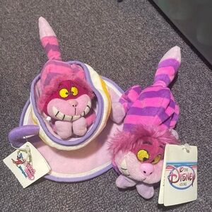 Disney Cheshire Cat in Teacup and Regular Cheshire Cat Beanie Babies NWT